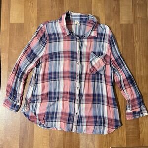 Faded Glory Flannel Shirt Women 2XL Multicolor Plaid Button Down Roll Tab Sleeve